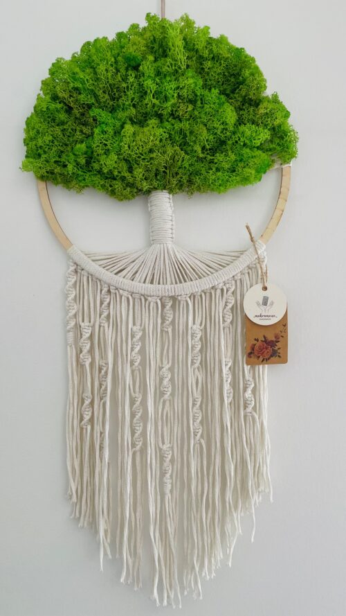 Makramowe drzewko szczęścia z zielonym mchem chrobotkiem