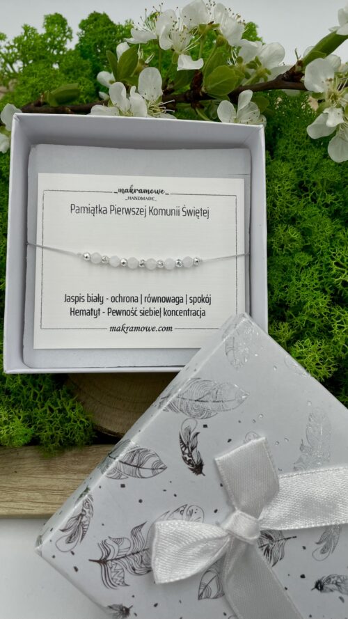 Bransoletka z jaspisem białym - Pamiątka Pierwszej Komunii Świętej