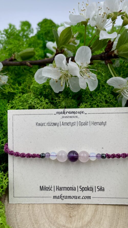 Bransoletka z ametystem, kwarcem różowym, opalitem i hematytem